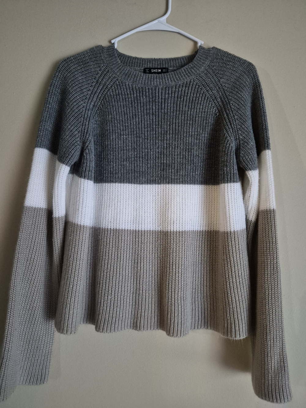 SHEIN Gray White Taupe Colorblock Knit Sweater